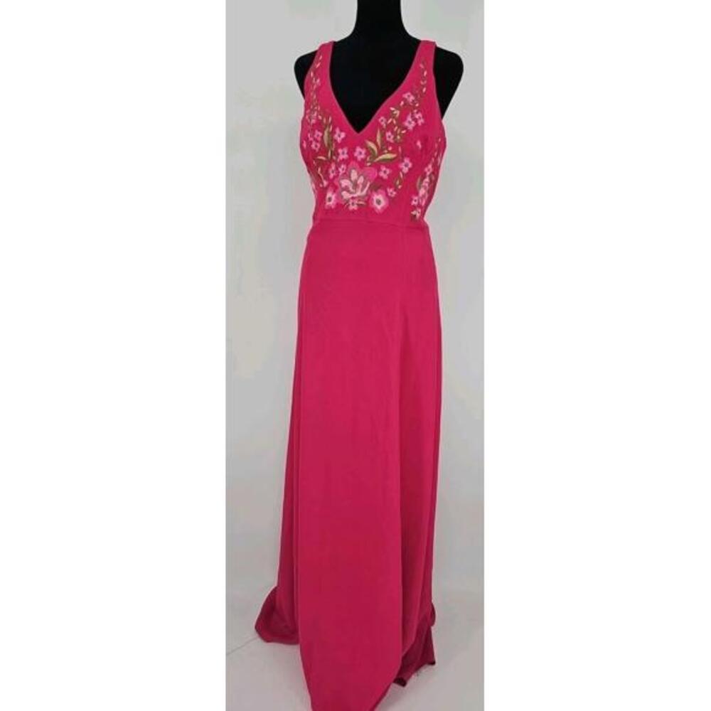 Marchesa Notte‎ Gown 4 Pink Floral & Bird Embroidered Racer Back Evening Maxi